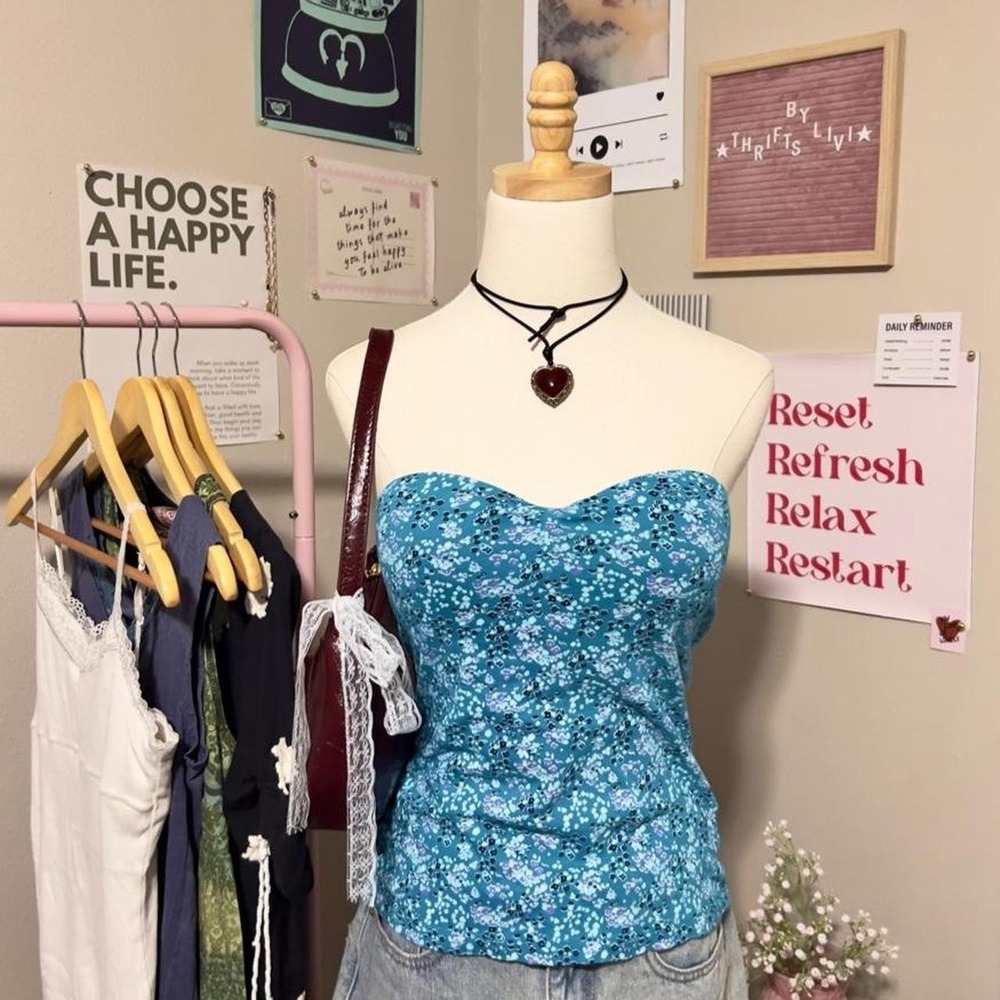 Vintage Y2K L.E.I. Blue Floral Strapless Tube Top Size Large 100% Cotton
